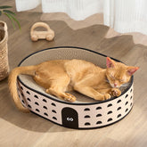 Conlun Oval Cat Scratcher Bed front view, stylish color blends with decor and protects furniture.