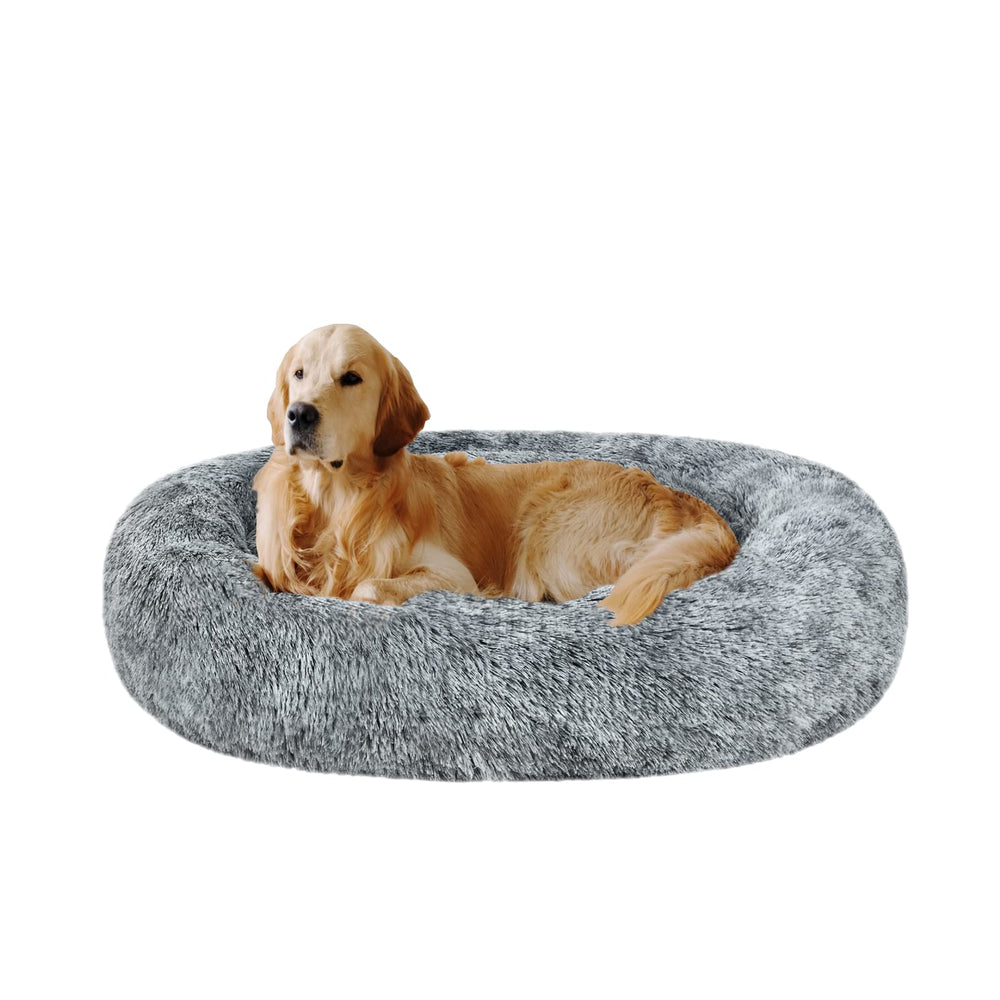 Coohom oval calming donut cuddler bed in gray plush fur for cozy lounging.