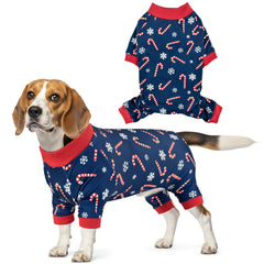 CooShou Christmas dog pajama front view with festive cane print.