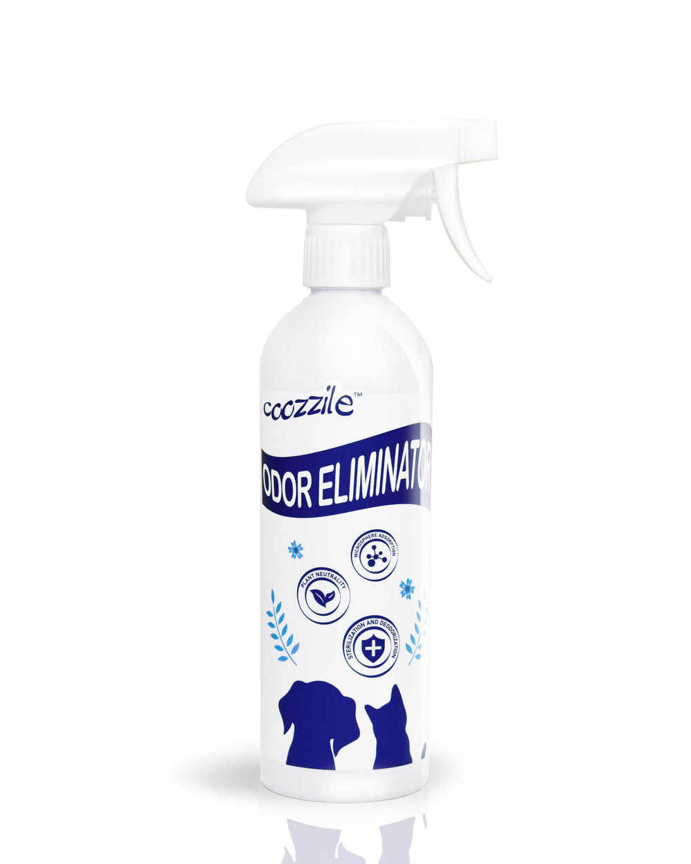 Coozzile Pet Odor Eliminator bottle closeup for fast odor removal.