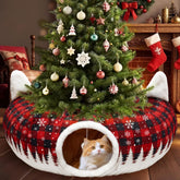 CORALMEE cat tunnel Christmas tree skirt with plush mat for festive cuddles.