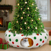 CORALMEE cat tunnel Christmas tree skirt showcases festive style and cozy hideaway for indoor cats.