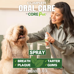 CORE Pet Complete Oral Care spray-application shows quick, targeted spray near the gums.