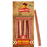 Cowdog Chews beef bully stick unwrap close-up, long-lasting chew supporting dental health.