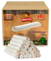 Cowdog Chews packaging shows 5-6 inch rawhide roll, ideal for satisfying chewers