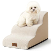 COZY KISS curved 3-step beige dog stairs provide gentle support for small dogs.