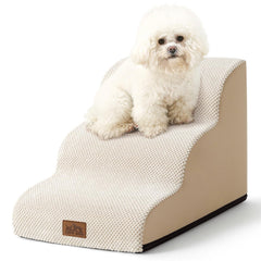 COZY KISS curved 3-step beige dog stairs provide gentle support for small dogs.