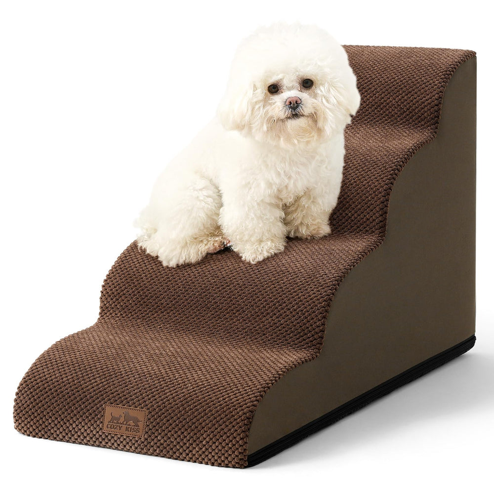 COZY KISS dog stairs curved design brown helps small dogs reach sofas safely.