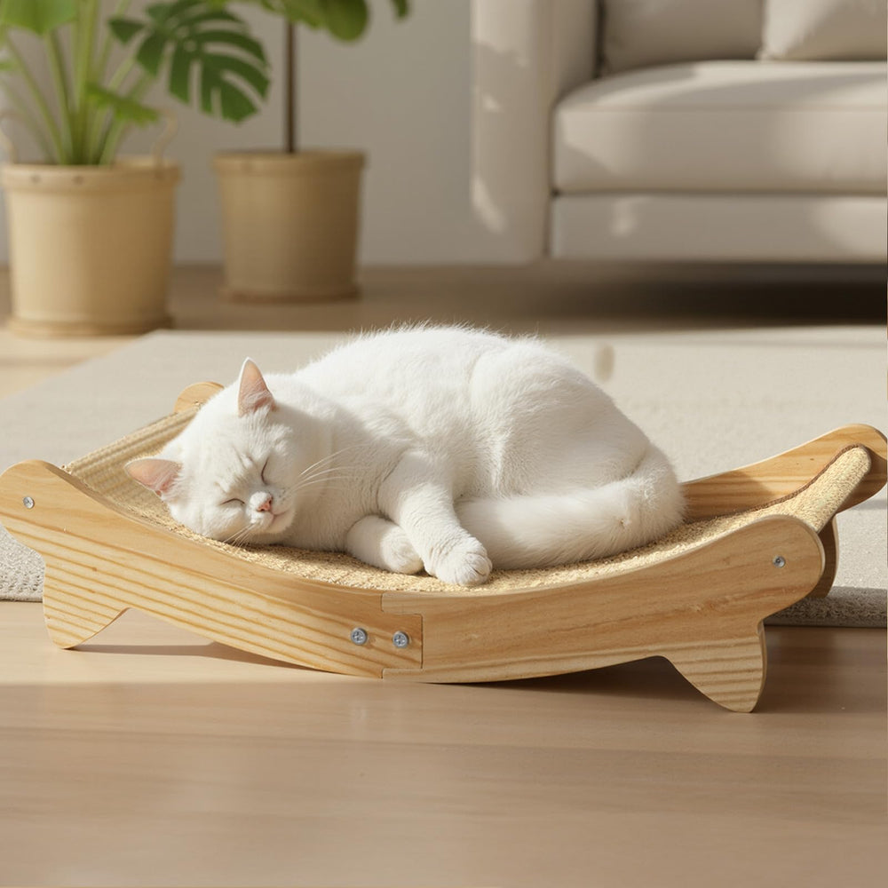 CozyLazy cat scratcher bed arc shape provides stability for lounging and scratching.