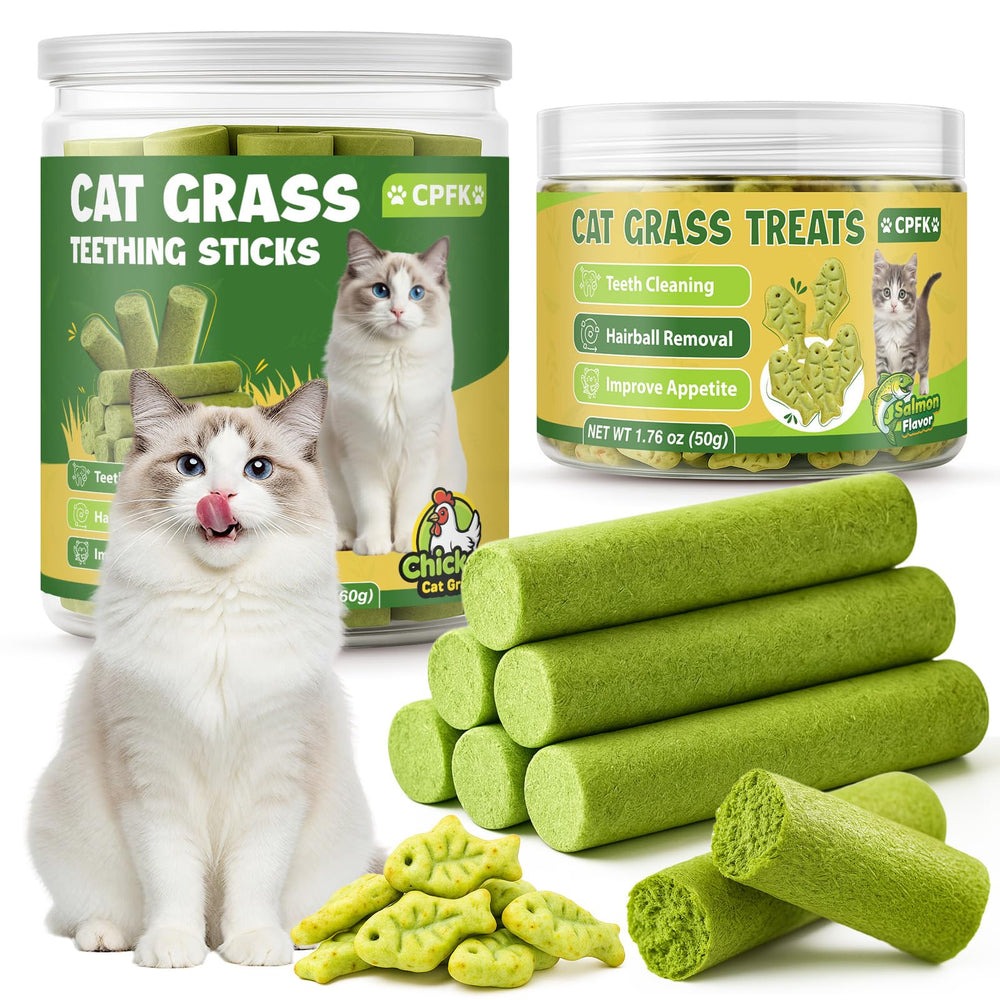 CPFK Cat Grass Sticks packaging highlights grain-free formula and natural ingredients for indoor cats.