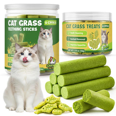 CPFK Cat Grass Sticks packaging highlights grain-free formula and natural ingredients for indoor cats.