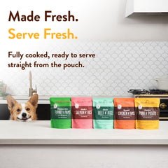 CRAFTED BY HUMANS LOVED BY DOGS Hopkin's Pork N’ Potato pouch microwave-safe packaging for easy warming.