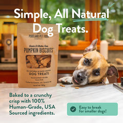 Portland Pumpkin Dog Treats bag open reveals fresh pumpkin and simple, limited-ingredient goodness