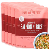 CRAFTED BY HUMANS Wally’s Salmon N’ Rice pouch packaging shows shelf stable convenience.