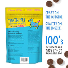 Crazy Dog Mini Train-Me! bag back with nutrition highlights for dog owners.