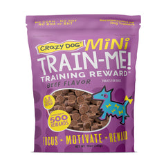 Crazy Dog Mini Train-Me beef bag front view highlights 500 treats per bag for training