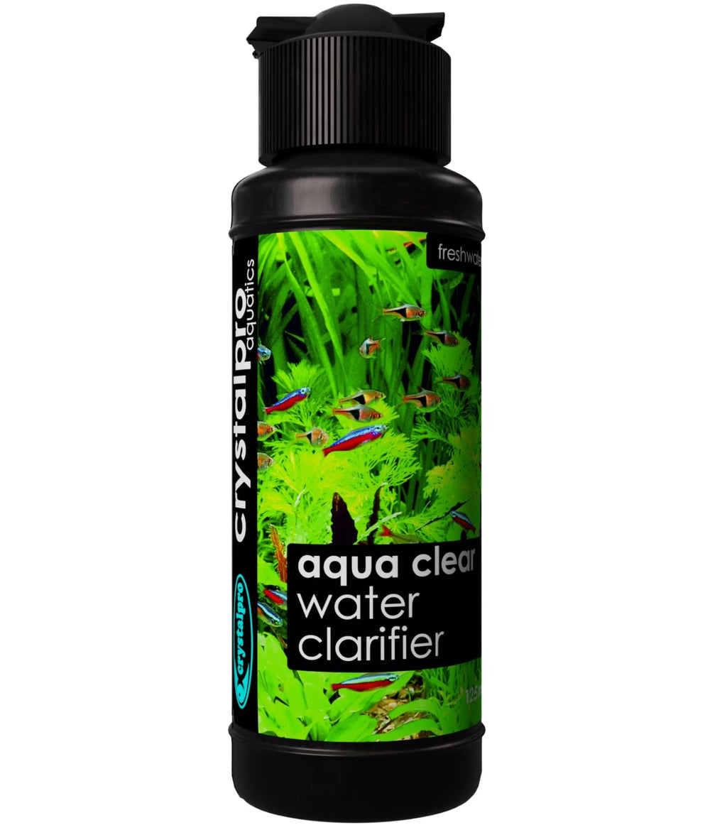 Crystalpro Aqua Clear bottle front improves water clarity in freshwater tanks.