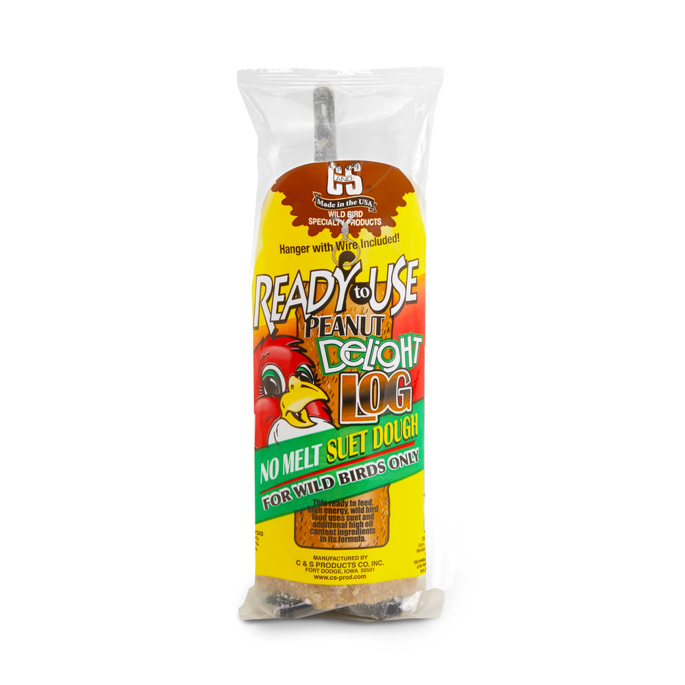 C&S Peanut Delight No Melt Log packaging ready to hang attracts backyard birds.