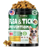 Cudory flea-tick chews bottle highlights coat vitality support.