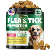 Cudory flea-tick soft chews bottle showcases natural support for fleas and ticks.