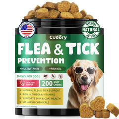 Cudory flea-tick soft chews bottle showcases natural support for fleas and ticks.
