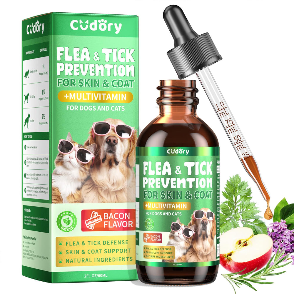 Cudory flea-tick-drops bacon bottle for daily pet protection.