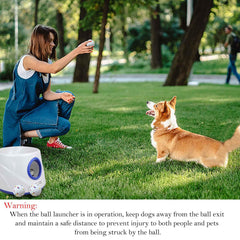 Cuelab dog ball launcher side view highlighting portable cordless operation.