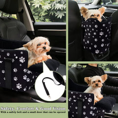 Cullaby center console dog car seat installed on armrest for intimate car rides.
