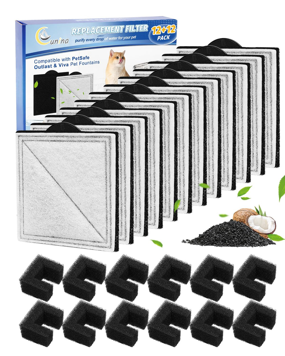Cunina 12+12 pack cat fountain filters close-up for cleaner water.