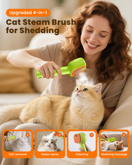 Cupofpet cat steam brush in action misting coat to loosen dirt and dander.