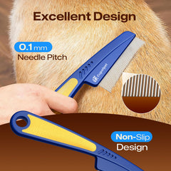 Cupofpet blue handle flea comb close-up with non-slip grip for comfort.