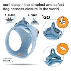 Curli Vest Harness Clasp Air-Mesh padding closeup emphasizes pressure-point protection and comfort.