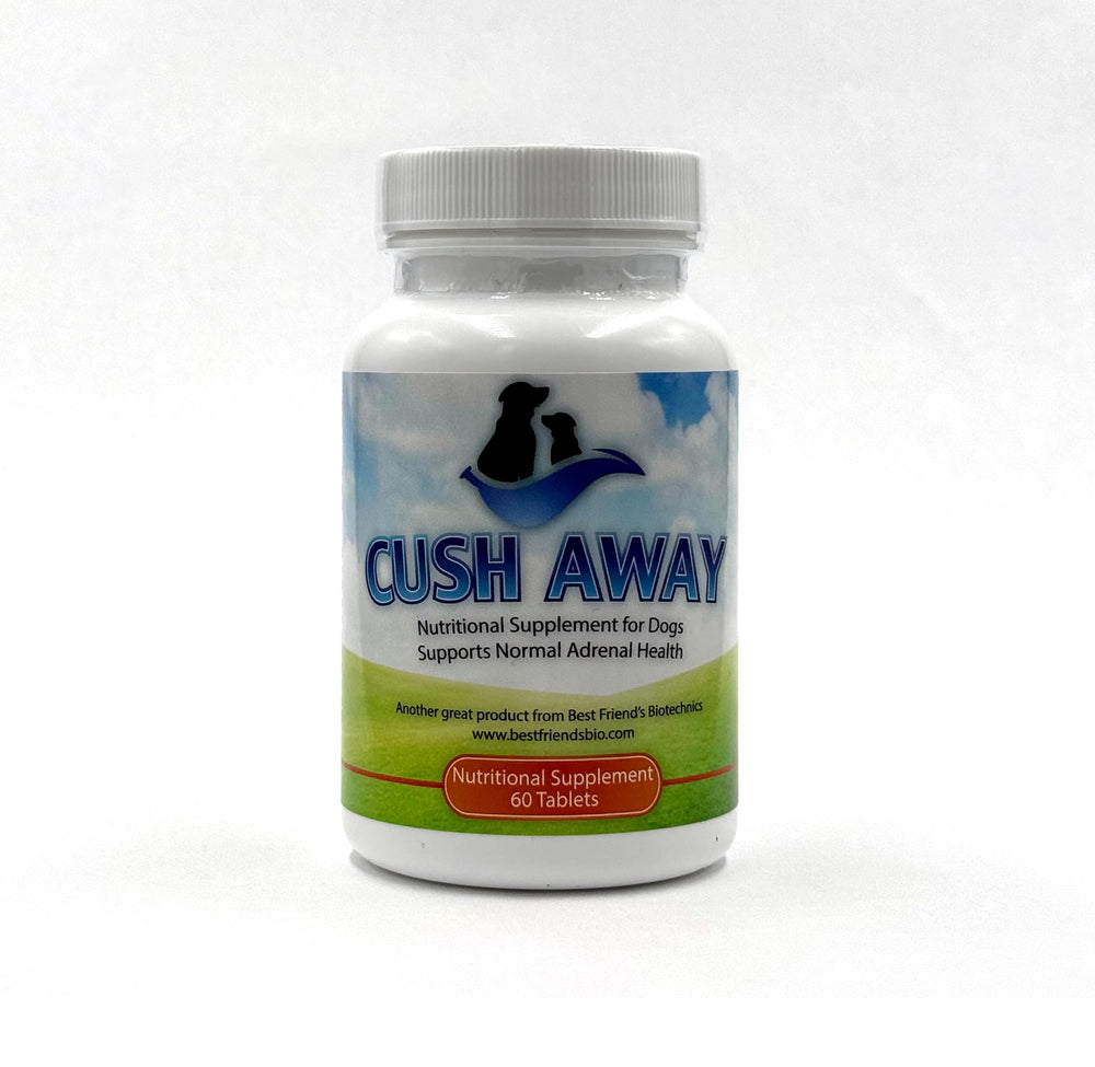 CushAway bottle label closeup highlighting a natural canine supplement for inflammation support.