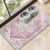 Cuslnox dog food mat absorbs spills for a dry, clean floor around water bowls.