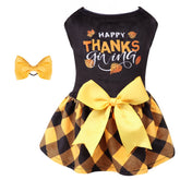CuteBone Happy Thanksgiving Day dog dress on a small dog in yellow plaid for festive photos.