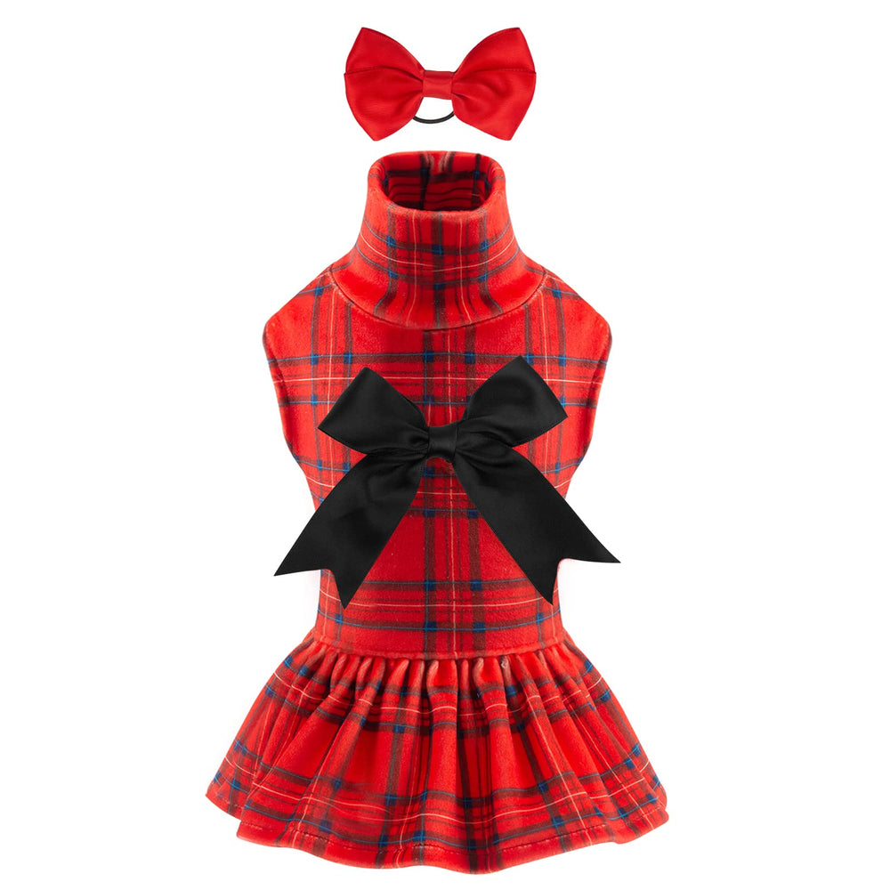 CuteBone turtleneck velvet dress on a small dog shows soft fabric and comfortable fit.