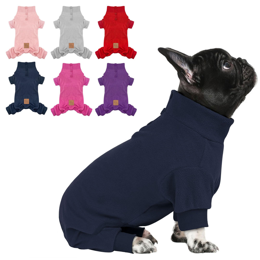 Cyeollo dog pajamas in navy, back view showing full-body warmth for cold days.