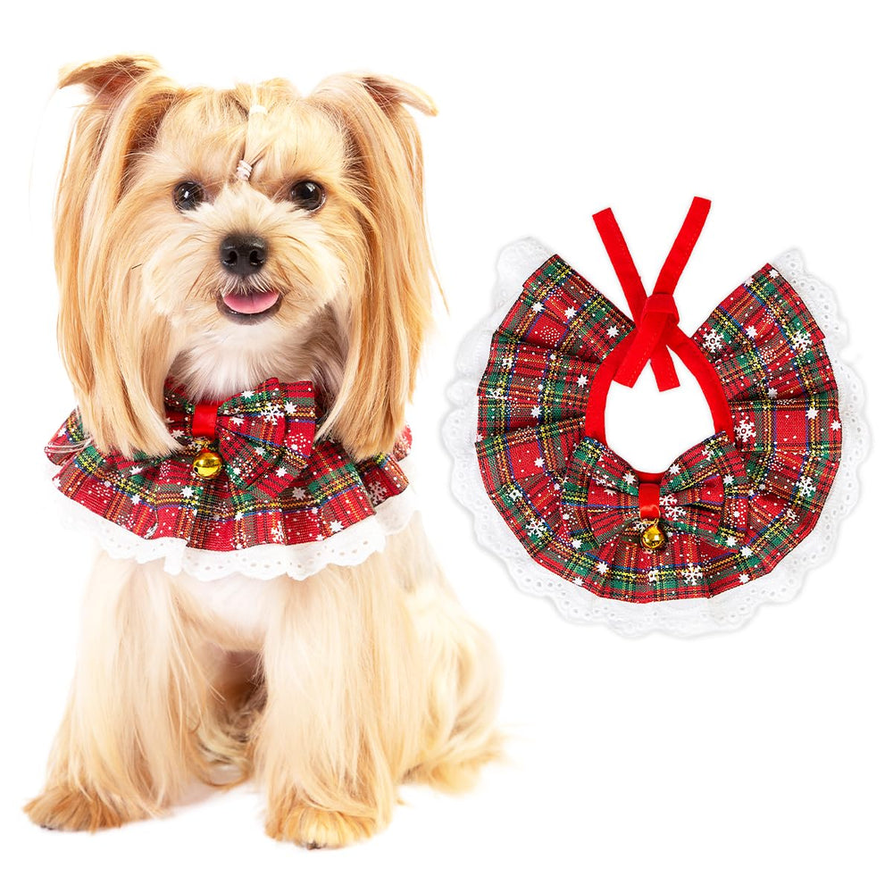 Cyzucle dog Christmas outfit with bells and plaid for a festive holiday photoshoot.