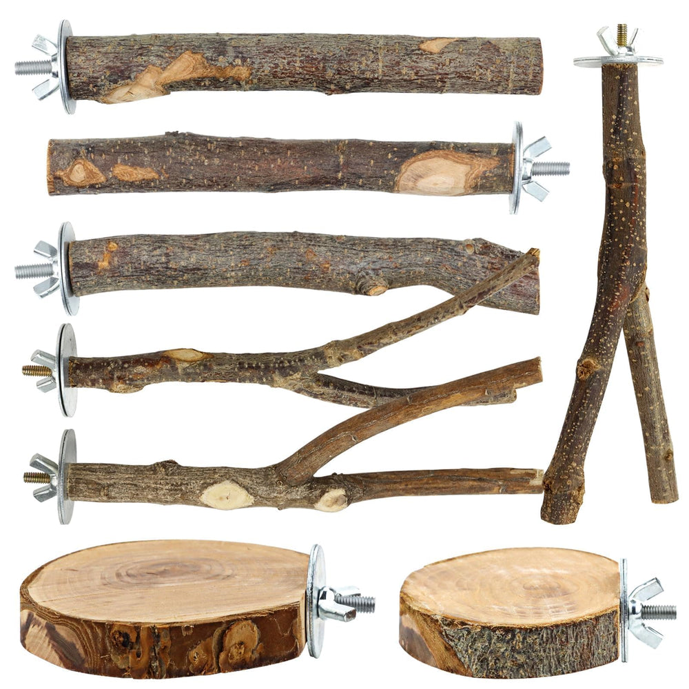 CZWESTC natural wood branch perch provides secure grip for small birds.
