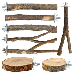 CZWESTC natural wood branch perch provides secure grip for small birds.