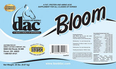 DAC Bloom feeding routine image shows mixing into feed for hoof and skin support.
