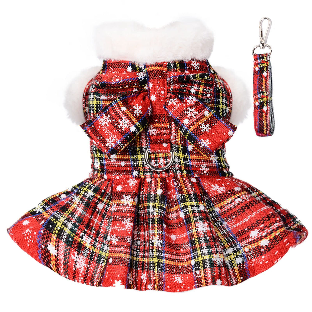 DaFuEn dog sweater dress front view in red plaid keeps small dogs warm and stylish.
