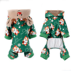 DaFuEn dog Christmas pajamas on a small dog demonstrate easy pullovers for quick dressing.