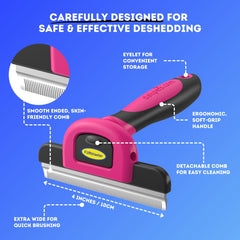 DakPets pink deshedding brush in use on a short-haired dog.