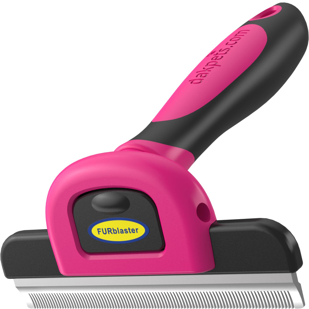 DakPets deshedding tool pink handle with stainless blade, reduces shedding for cats and dogs.