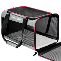 DALIAN cat-dog-soft-sided-carrier front view demonstrates airline-ready profile for travel