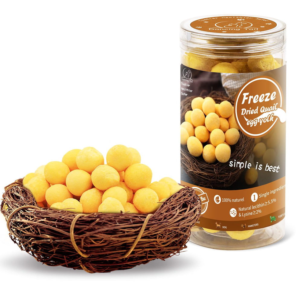 Dancing Tail freeze dried quail egg yolk treats packaging highlights limited-ingredient nutrition for picky pets.