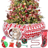 Dansydaisy cat tunnel Christmas tree skirt overview showing cozy holiday lounging
