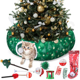 Dansydaisy cat tunnel Christmas-tree-skirt play scene with cozy hideout.
