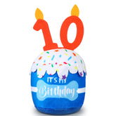 Dansydaisy dog birthday cake toy blue front view with squeaker for celebration